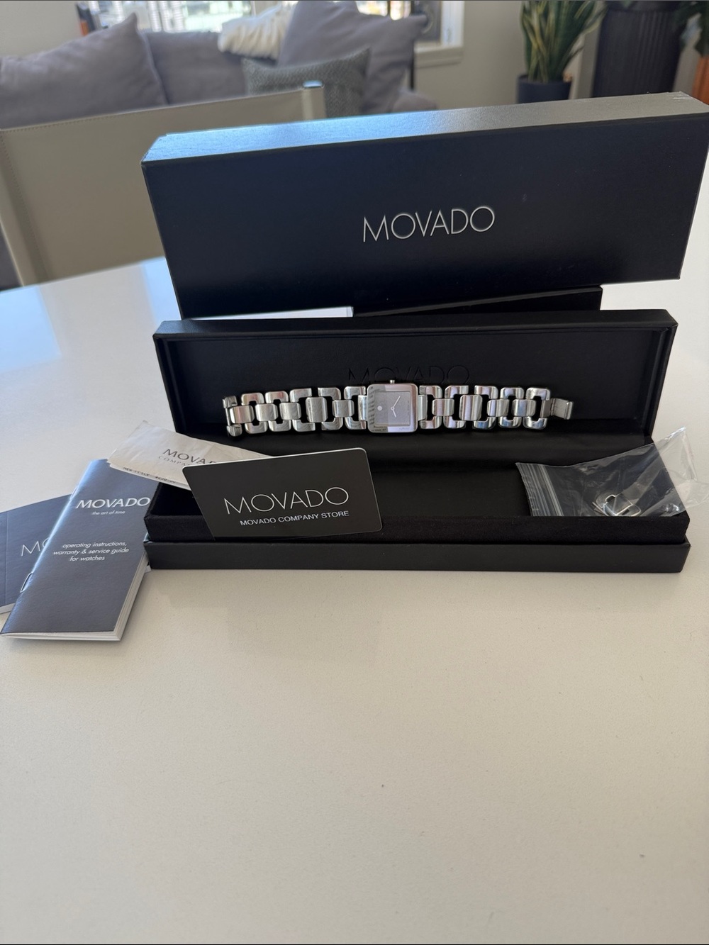 Movado Silver Women’s Square Dial Link Bracelet Watch. Needs a battery $600 new